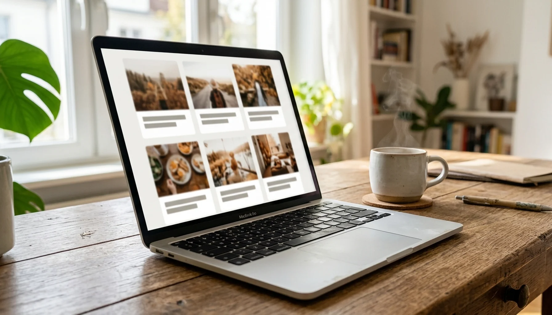 Laptop screen showing an abstract blog content grid, illustrating content automation for property marketers