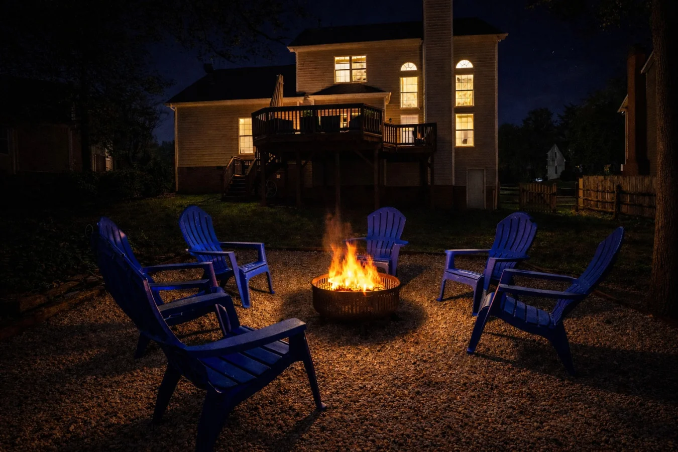 Charlotte vacation rental amenities including fire pit and outdoor seating at night