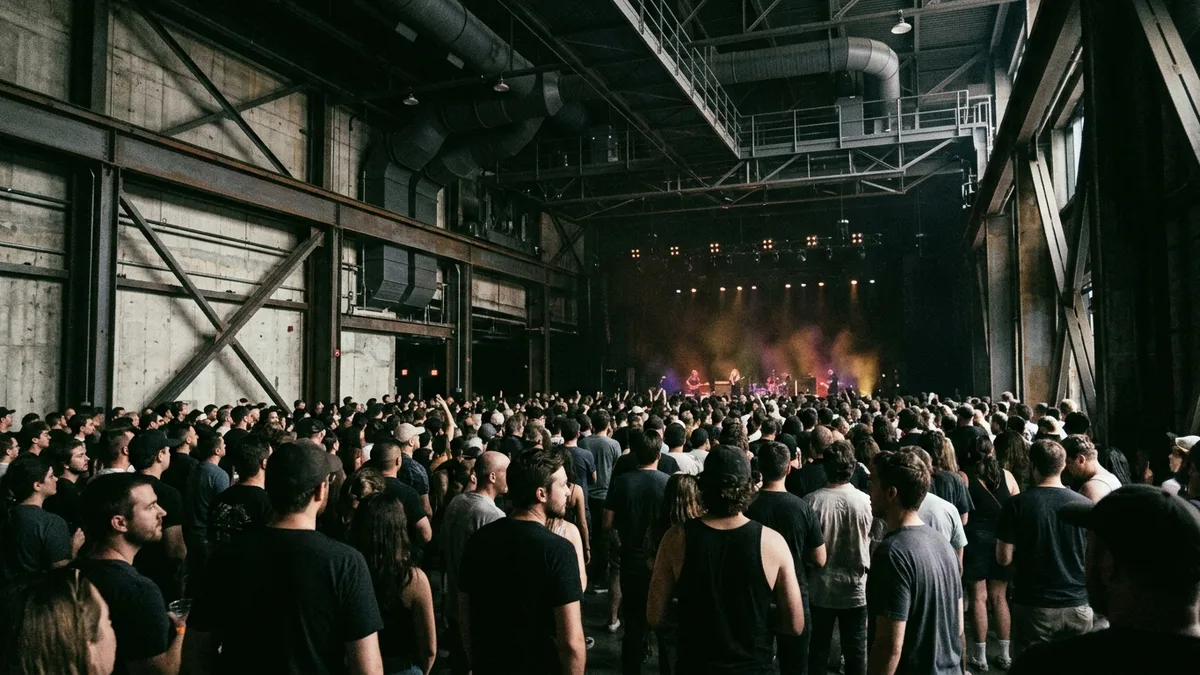 Indoor concert venue with large crowd enjoying live music at Salt Shed with industrial architecture
