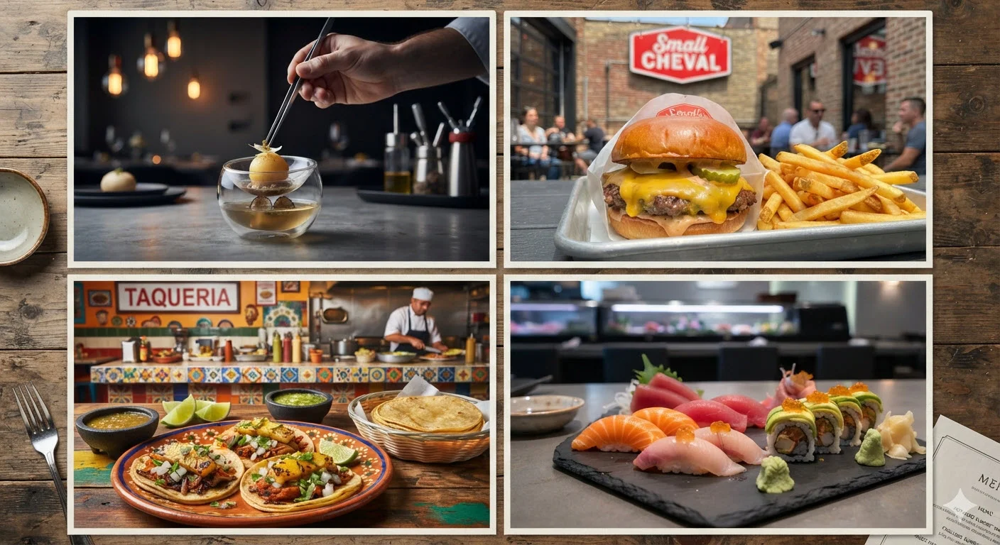 Fine dining collage featuring cocktails, gourmet burger, tacos, and sushi in Chicago dining at Magic Factory Lofts