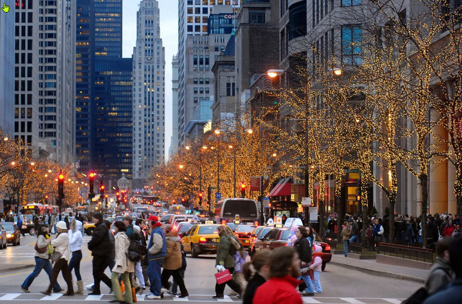 Downtown Chicago street with winter holiday lights in trees, skyscrapers, and yellow taxis at dusk