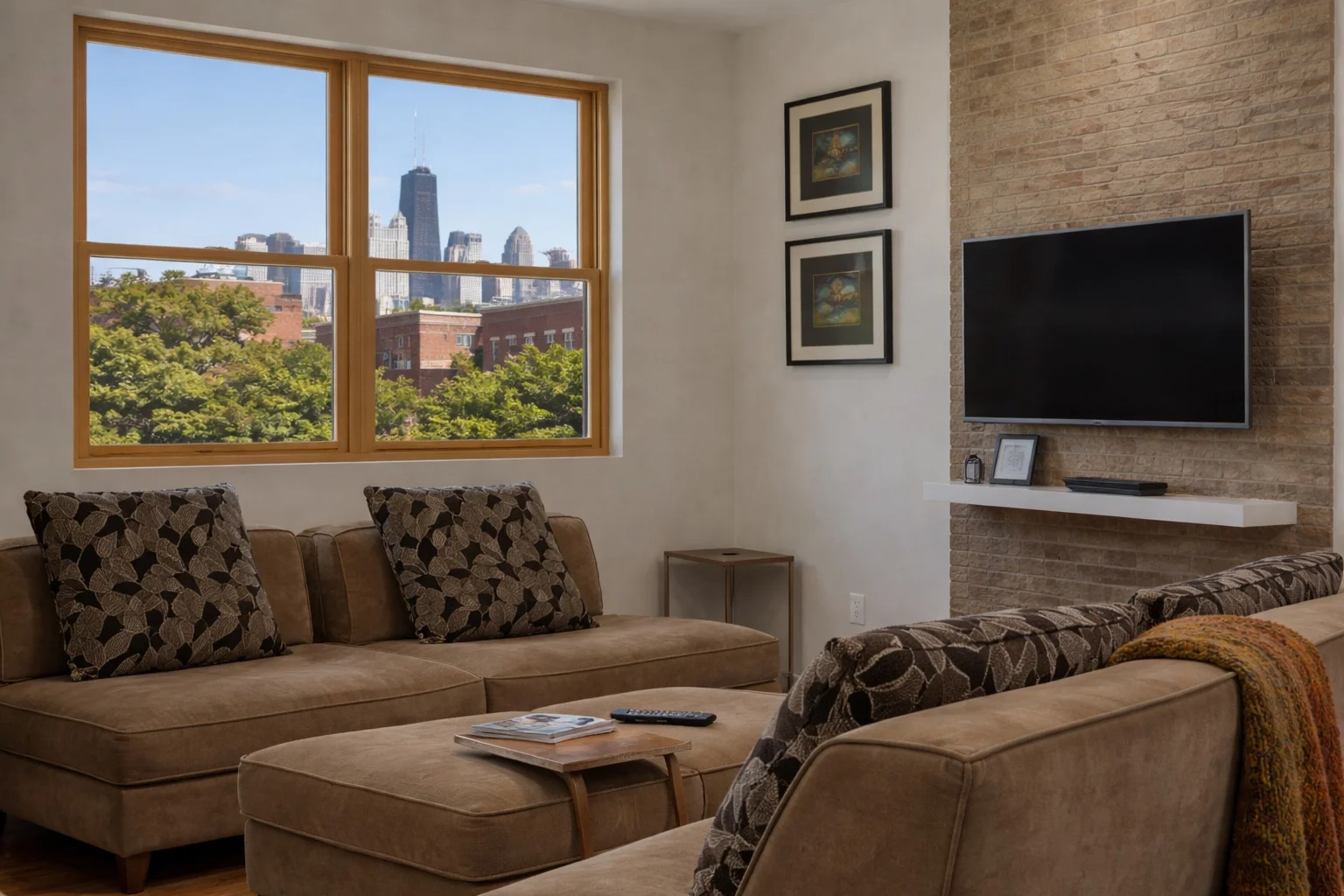 Modern living room with Chicago skyline views at Magic Factory Lofts downtown apartment