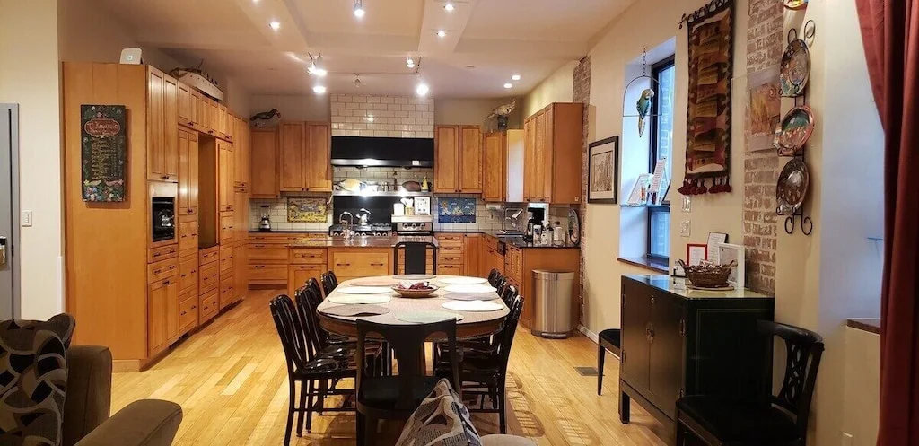 Kitchen and round dining table for a bachelorette party in Chicago brunch at home