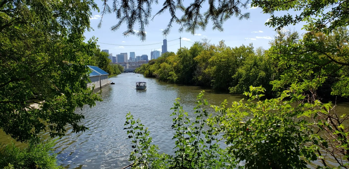 Waterfront view with river, skyline, and green trees from Chicago lakefront vacation rental