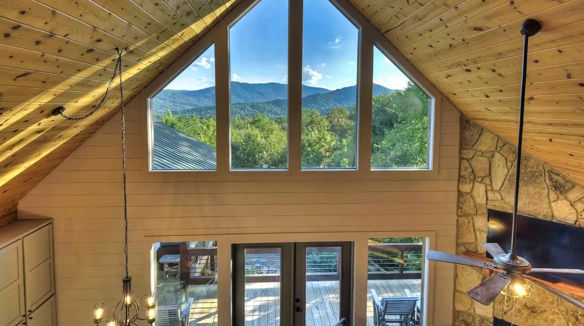 Blue Ridge vacation rental living room with vaulted ceilings and mountain ridge views