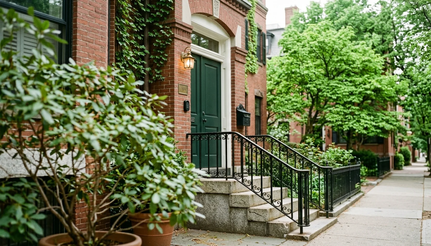 Boston brick rowhouse with a green door, a base for the best brunch Cambridge weekends