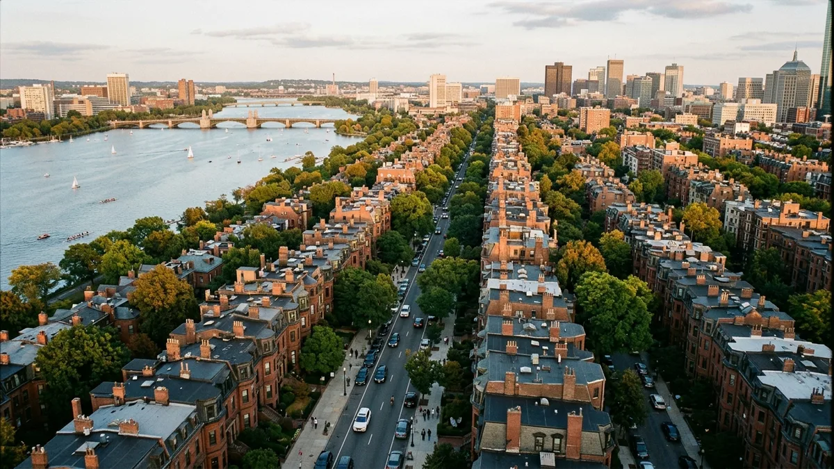 Aerial view of Back Bay brownstone rowhouses along Newbury Street for a Boston itinerary day