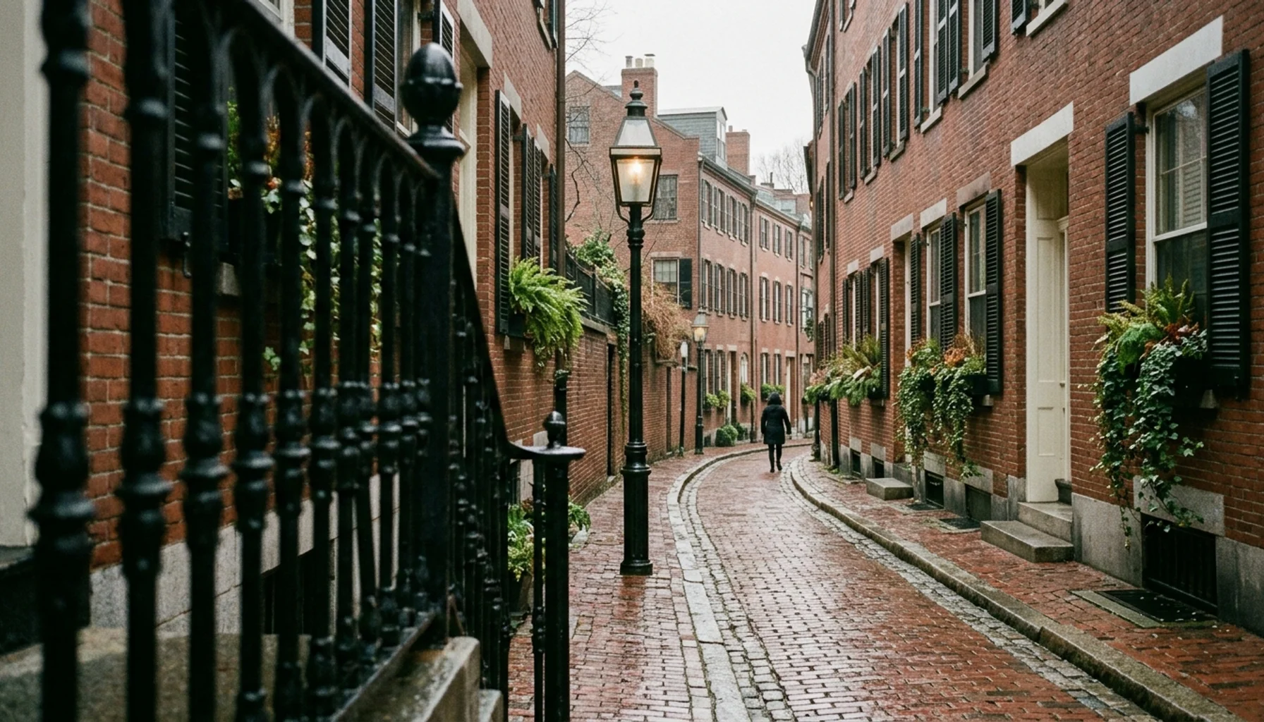 Beacon Hill brick rowhouses and a gas lamp on an overcast morning, a scenic start to Boston with kids