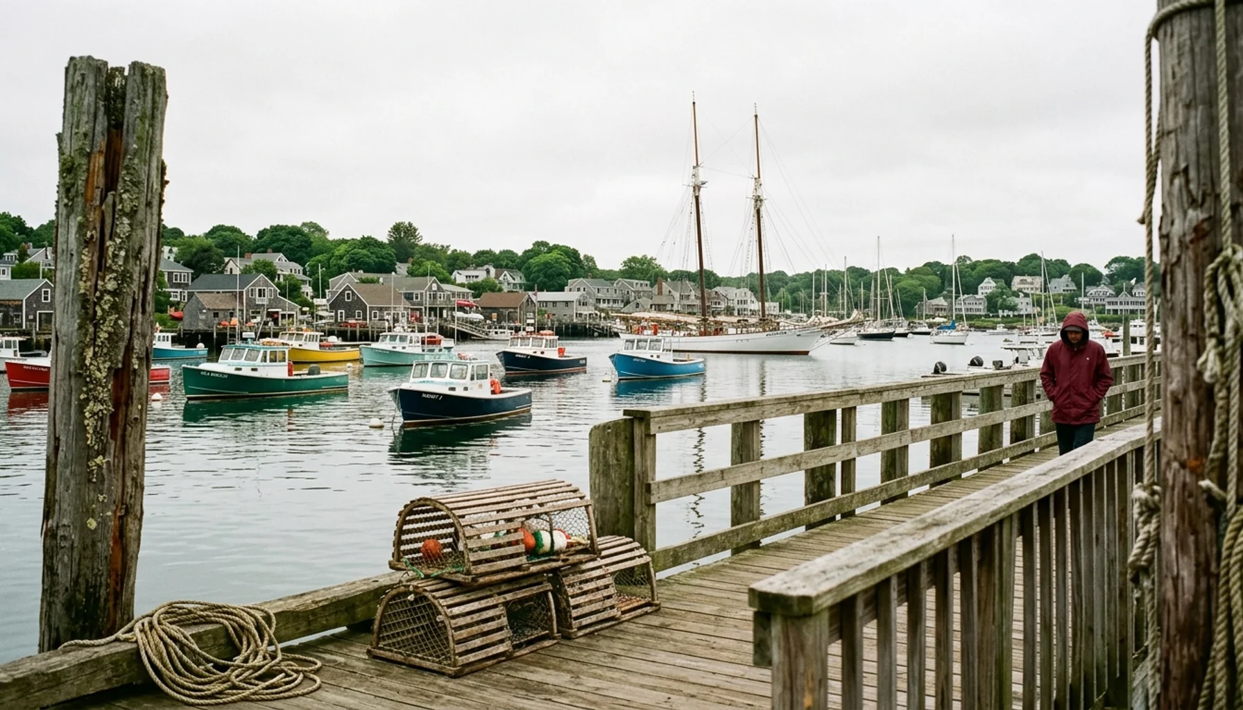 Gloucester local guide view of lobster boats moored in the harbor between wooden pier pilings