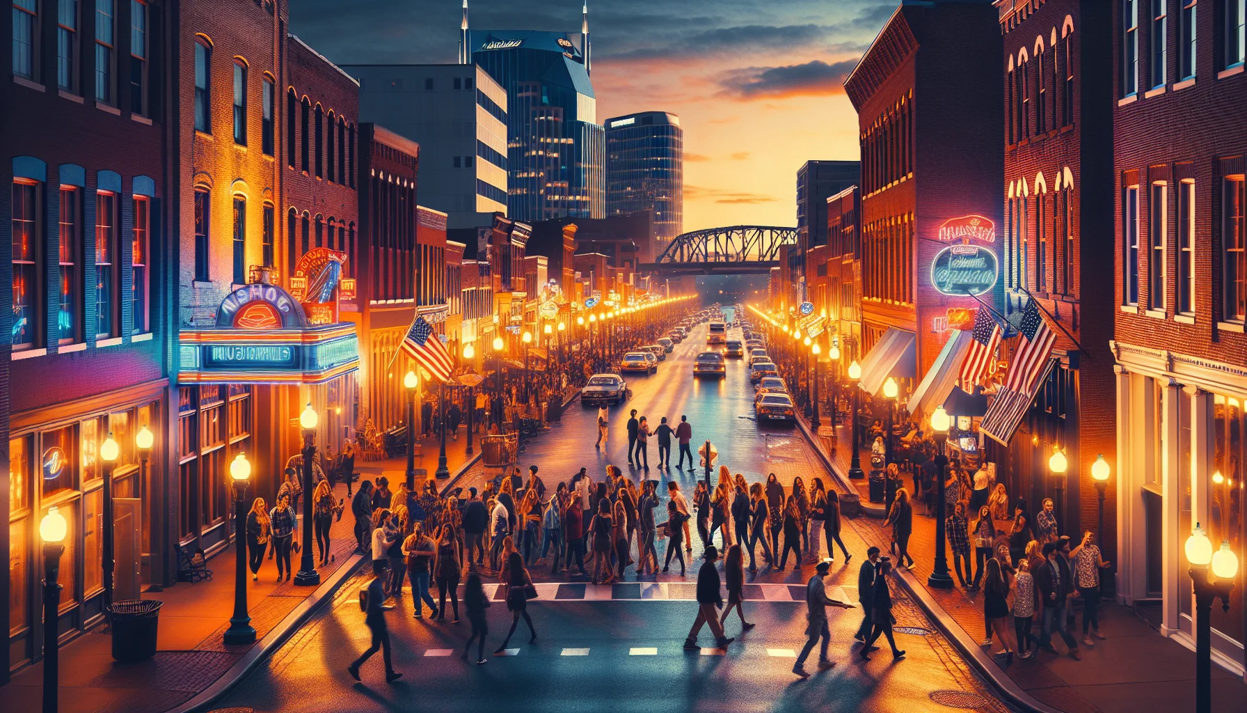 Nashville downtown bachelor party activities venue street with neon-lit honky-tonks and entertainment districts