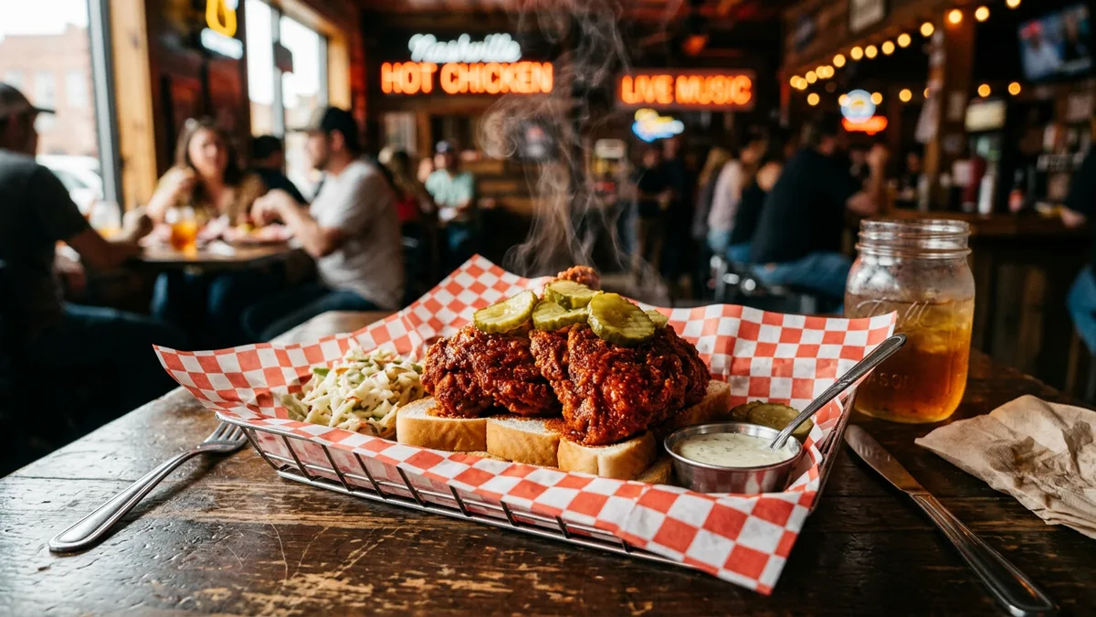 Nashville hot chicken with traditional fixings and spice levels