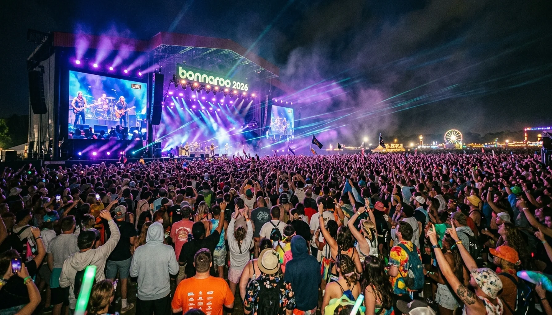 Bonnaroo 2026 festival crowd with dramatic stage lighting and LED displays in Nashville area