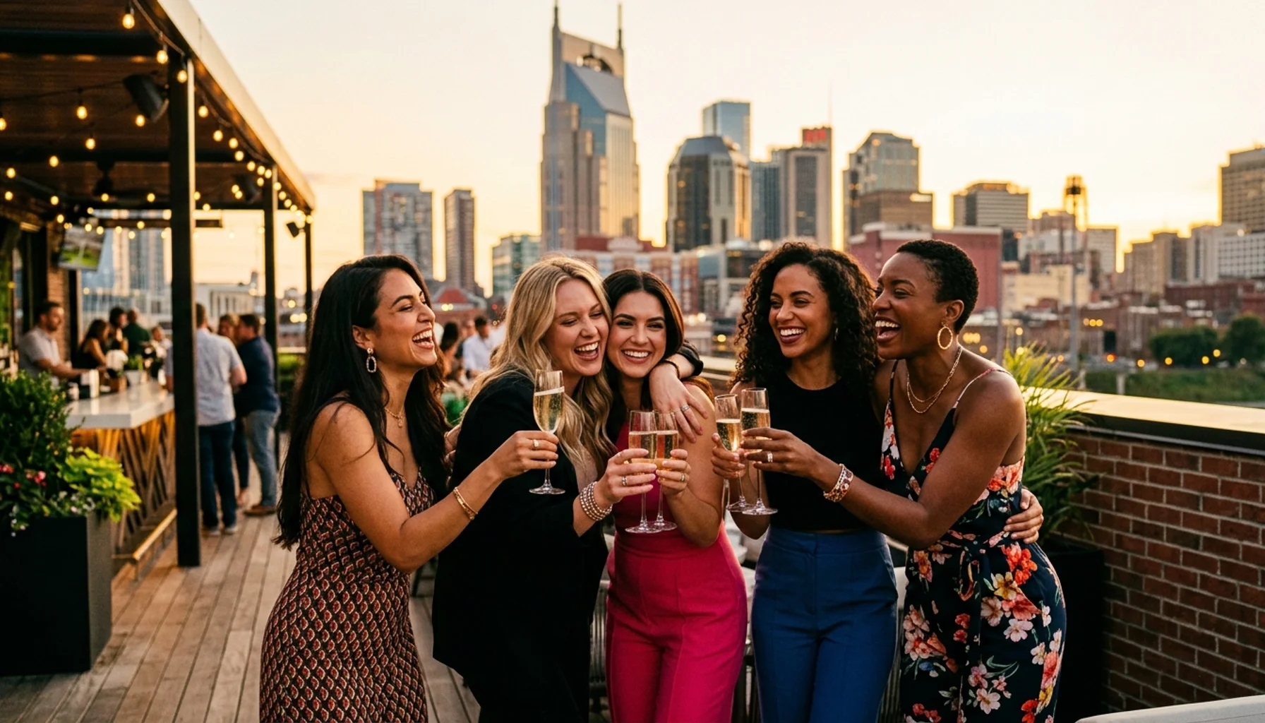 Nashville bachelorette party trip ideas: women celebrating together at rooftop bar with champagne