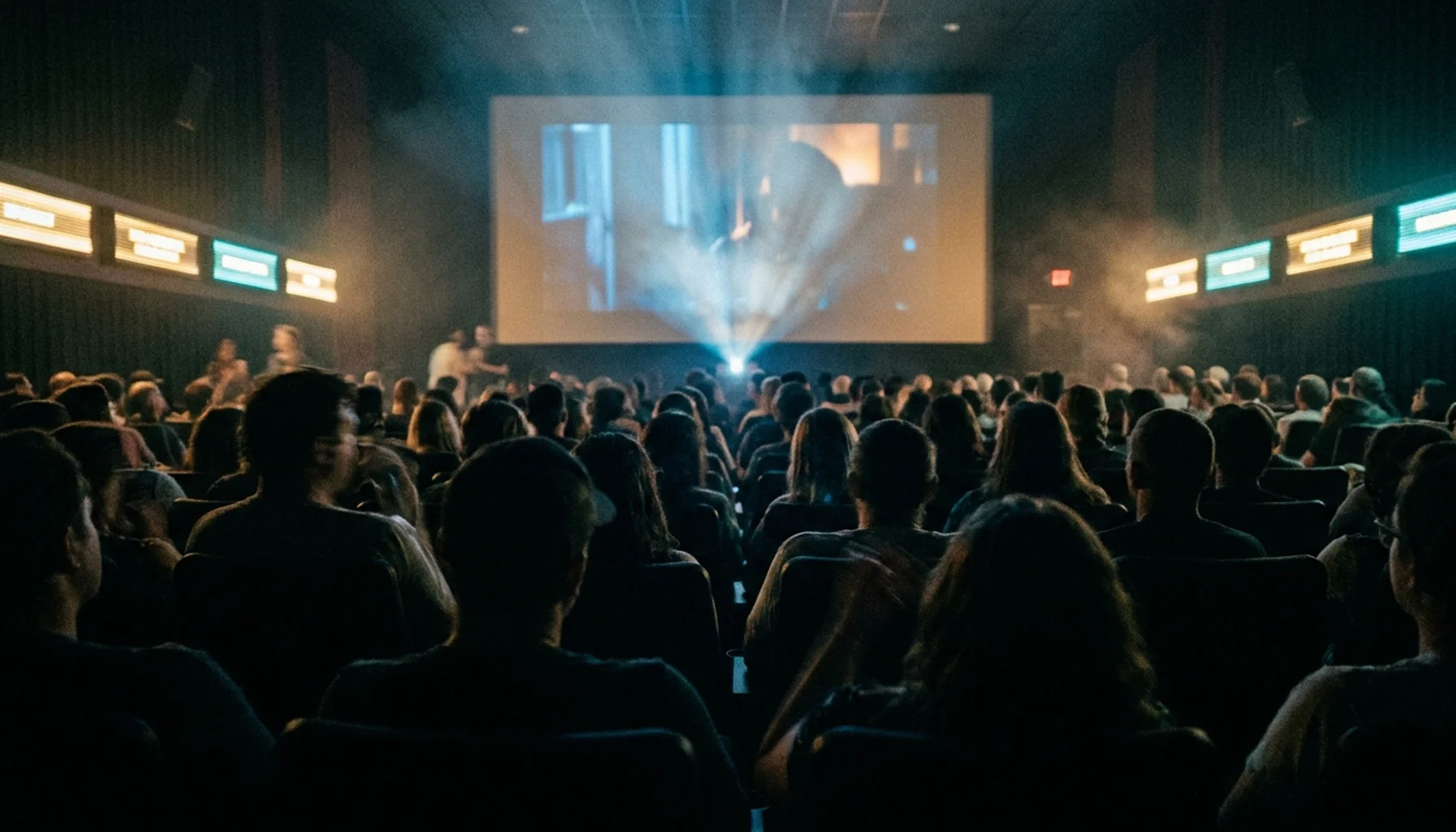 Crowd silhouettes at Nashville Film Festival screening with projected light washing over the audience in a packed cinema venue.