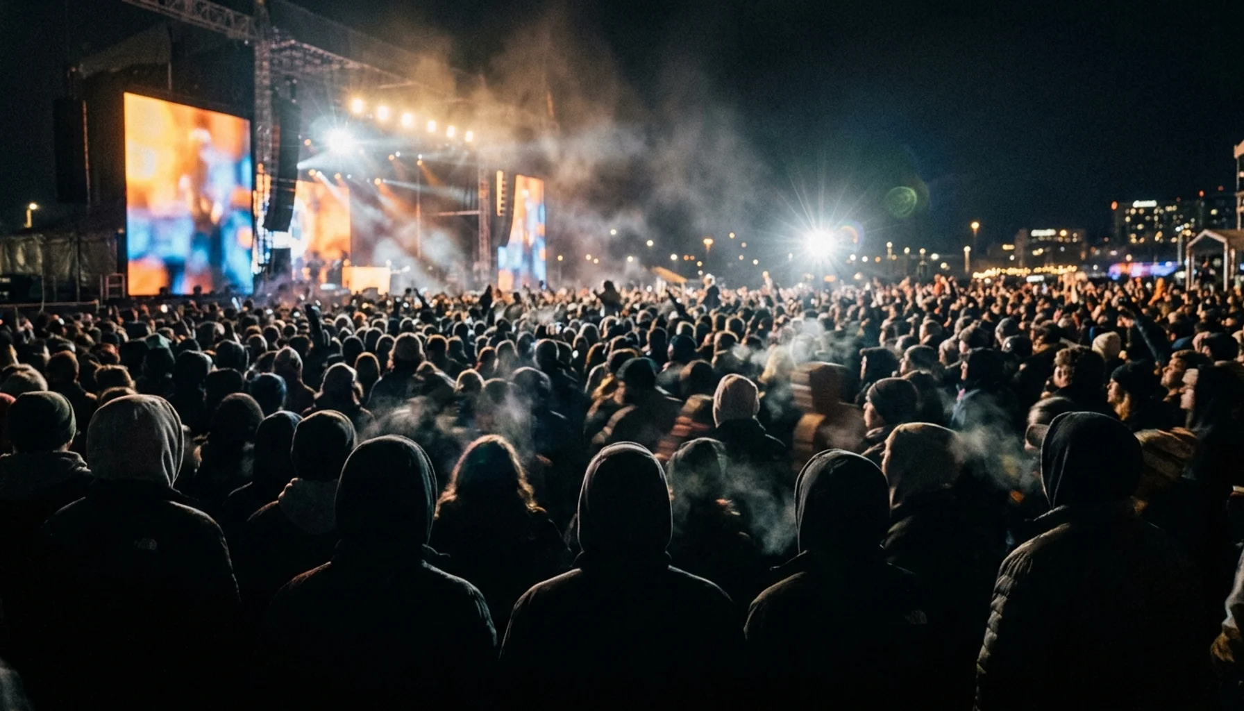 Silhouetted crowd at Nashville New Years 2026 Big Bash outdoor concert, stage lighting cutting through haze at night.
