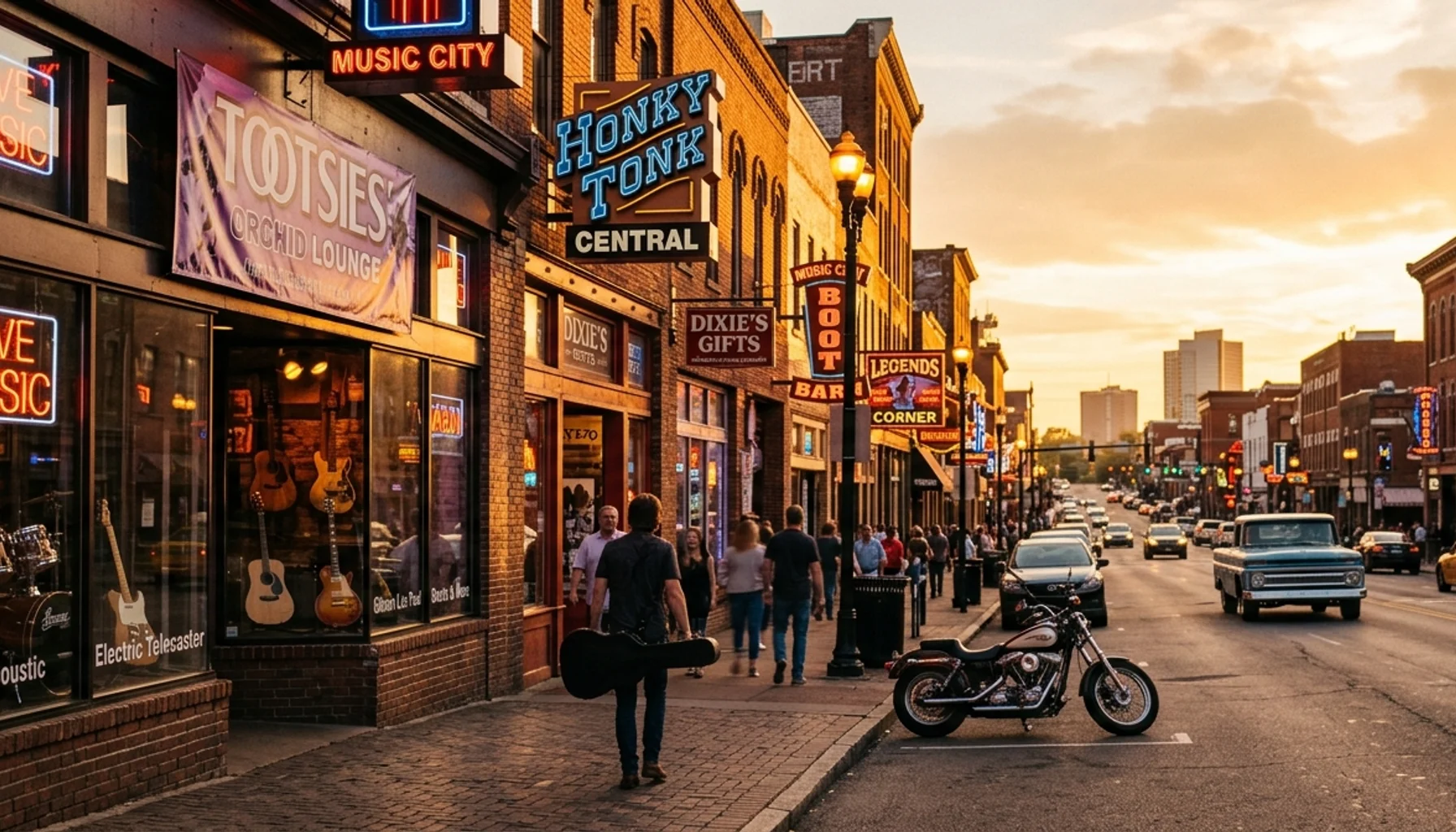 Nashville, TN attractions street scene with historic buildings and golden hour lighting capturing the city's musical heritage