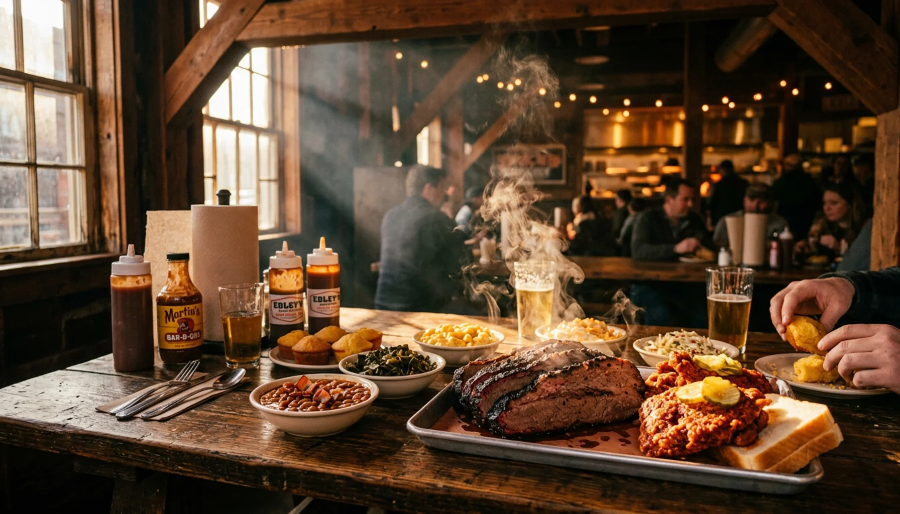 Rustic barbecue and hot chicken spread representing Nashville, TN dining scene with golden hour lighting