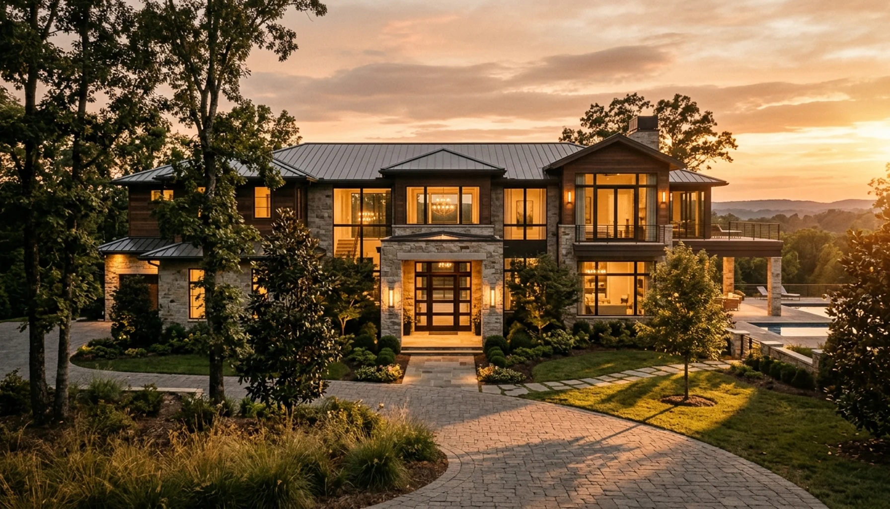Luxury short term rental mansion in Nashville TN with golden hour lighting and modern architecture