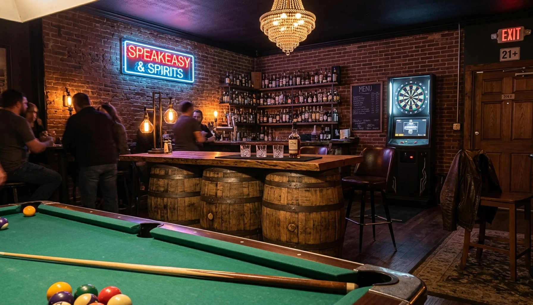 Speakeasy game room with pool table, whiskey barrel bar, and neon sign inside a Nashville vacation rental