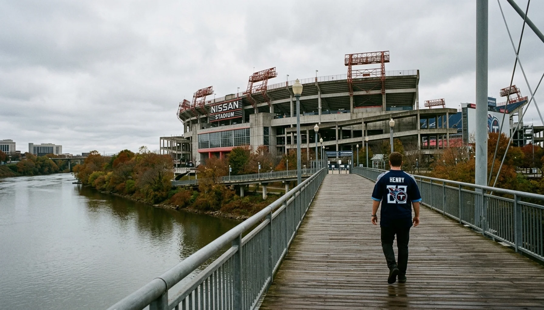 Nissan Stadium exterior viewed from the pedestrian bridge on Tennessee Titans game day in Nashville, TN