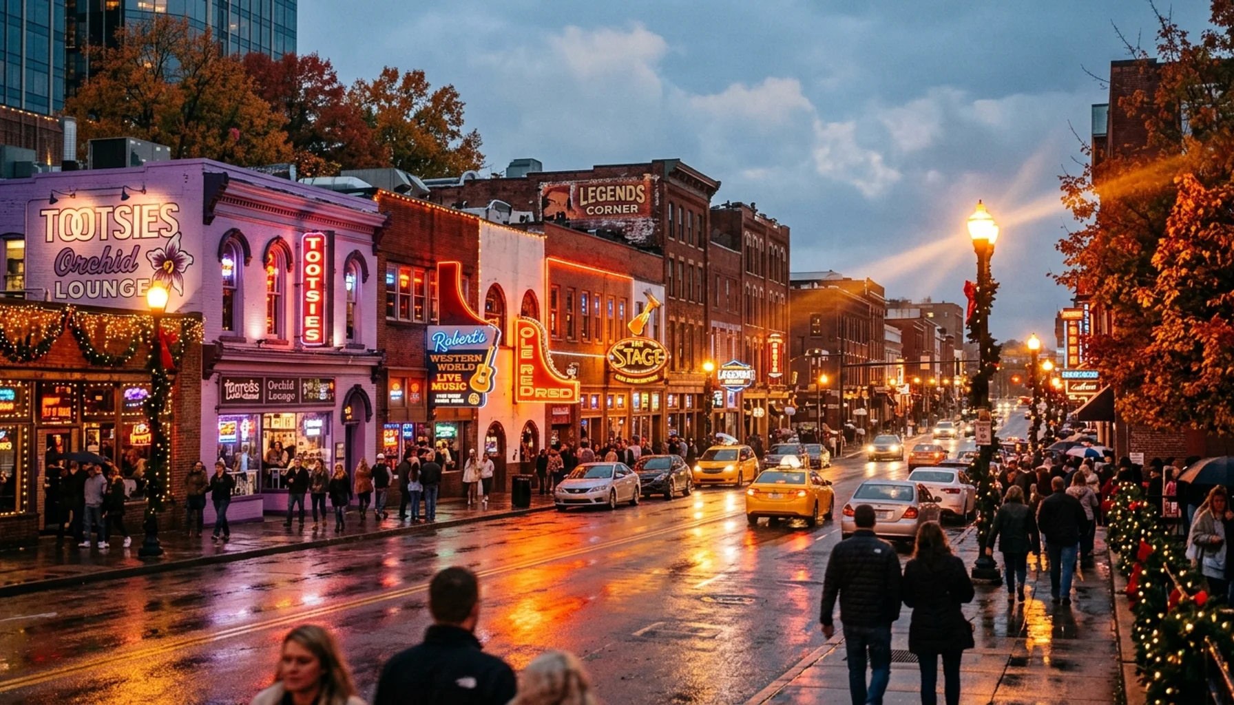 Nashville Broadway street at sunset showing things to do on Thanksgiving with lit honky-tonks and festive atmosphere