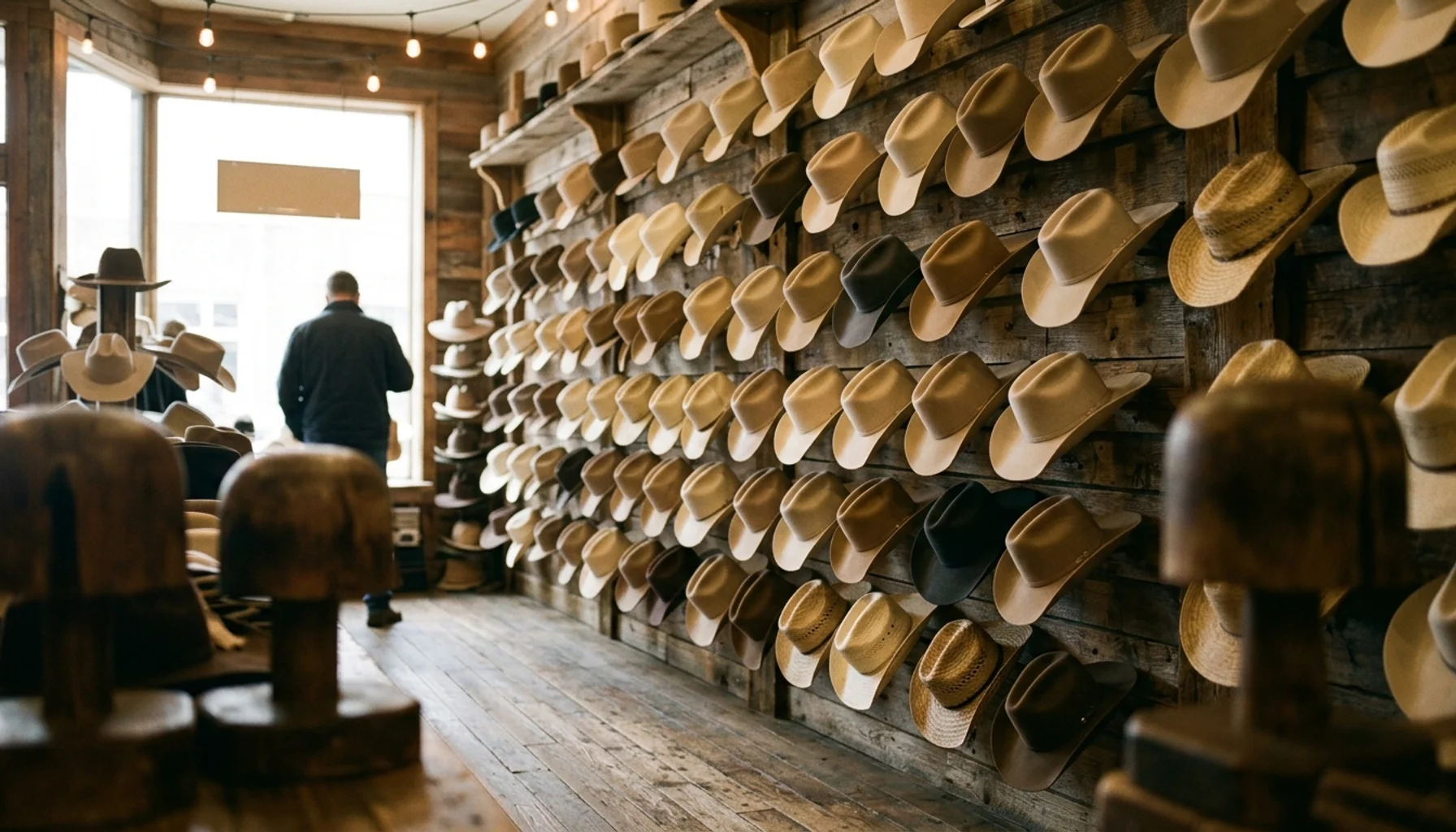 Wall of felt and straw cowboy hats displayed at a western wear shop, a guide to cowboy hats Nashville TN