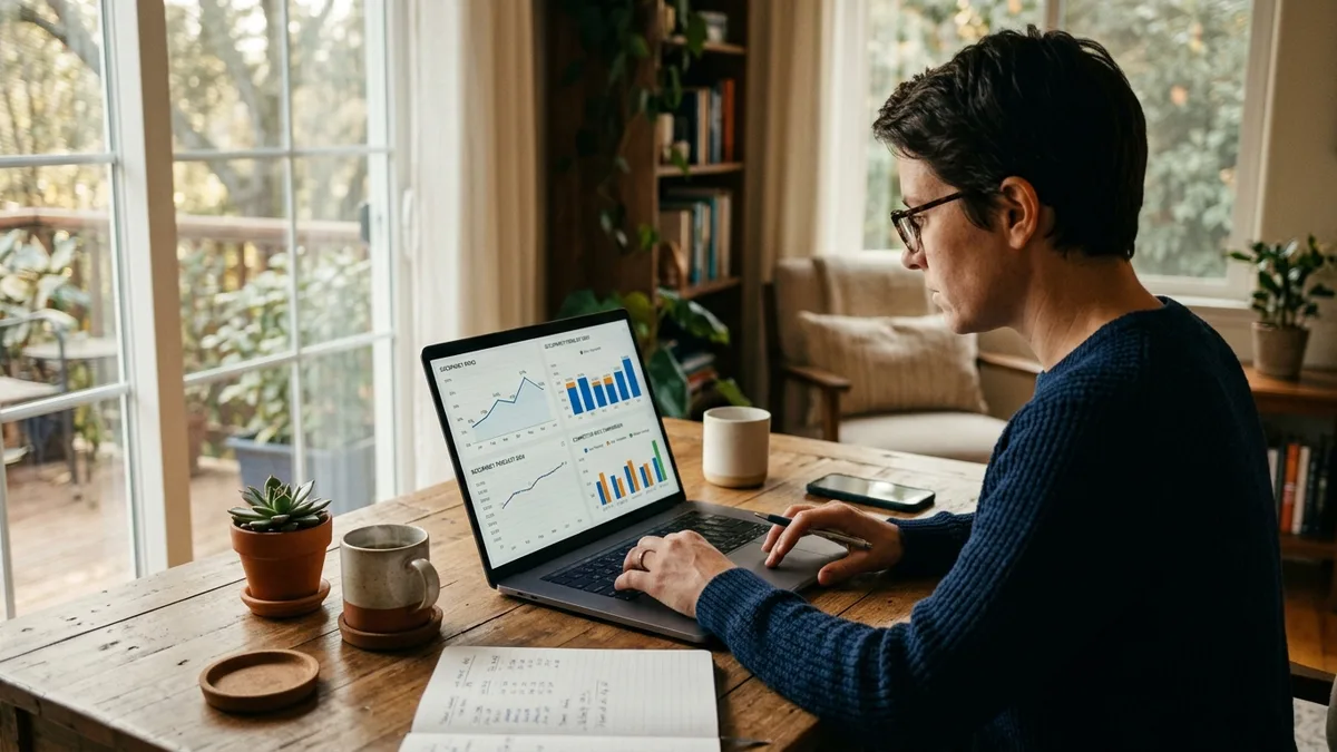 Vacation rental host reviewing revenue analytics dashboard to increase vacation rental income
