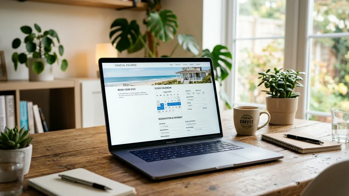Direct booking website for vacation rentals showing booking calendar and payment processing interface