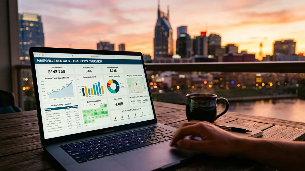 Maverick STR revenue management analytics dashboard showing booking performance for Nashville vacation rentals