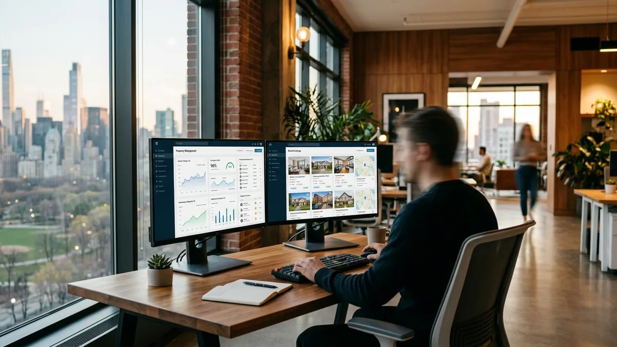property manager reviewing rental booking website dashboard showing direct bookings and performance analytics