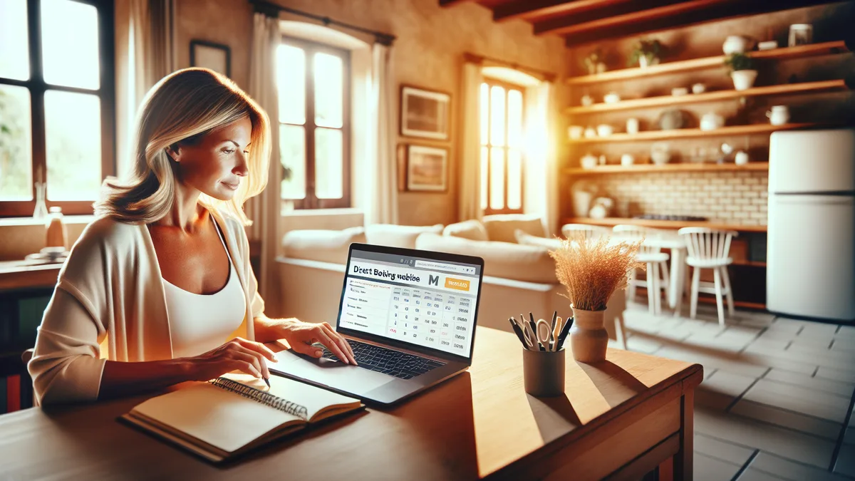 Property owner reviewing how to create a direct booking website on laptop at home office desk