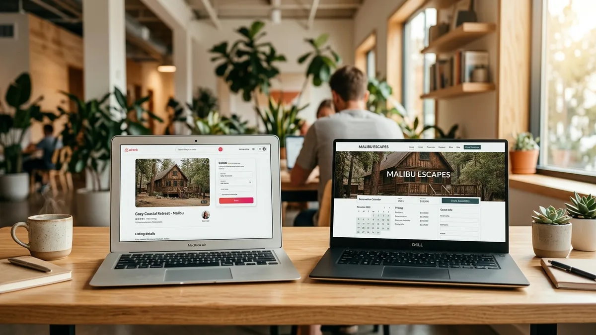 Airbnb listing compared to direct booking website showing commission-free booking alternative for STR hosts