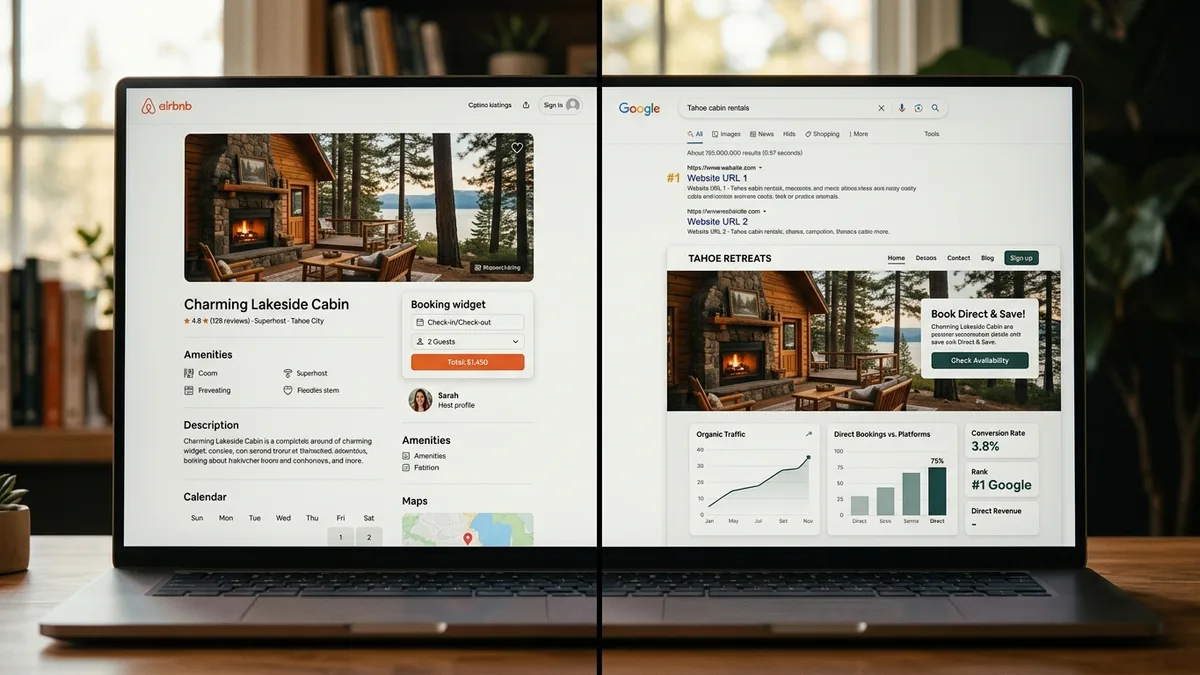 Direct booking website versus OTA listing comparison showing commission savings and revenue differences