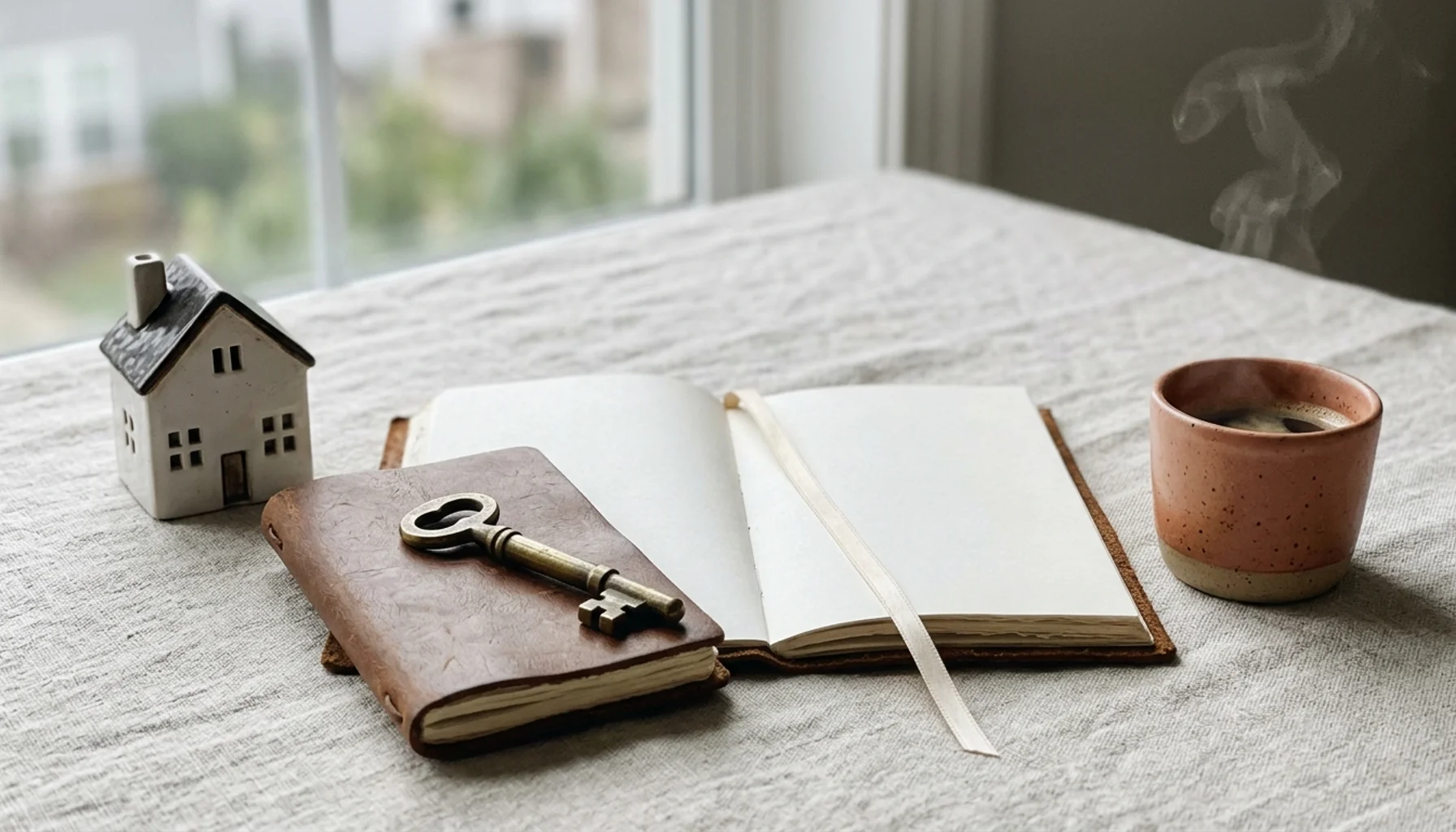 Brass key and model house on a linen surface — visual concept for how to get more direct bookings from Instagram and Facebook