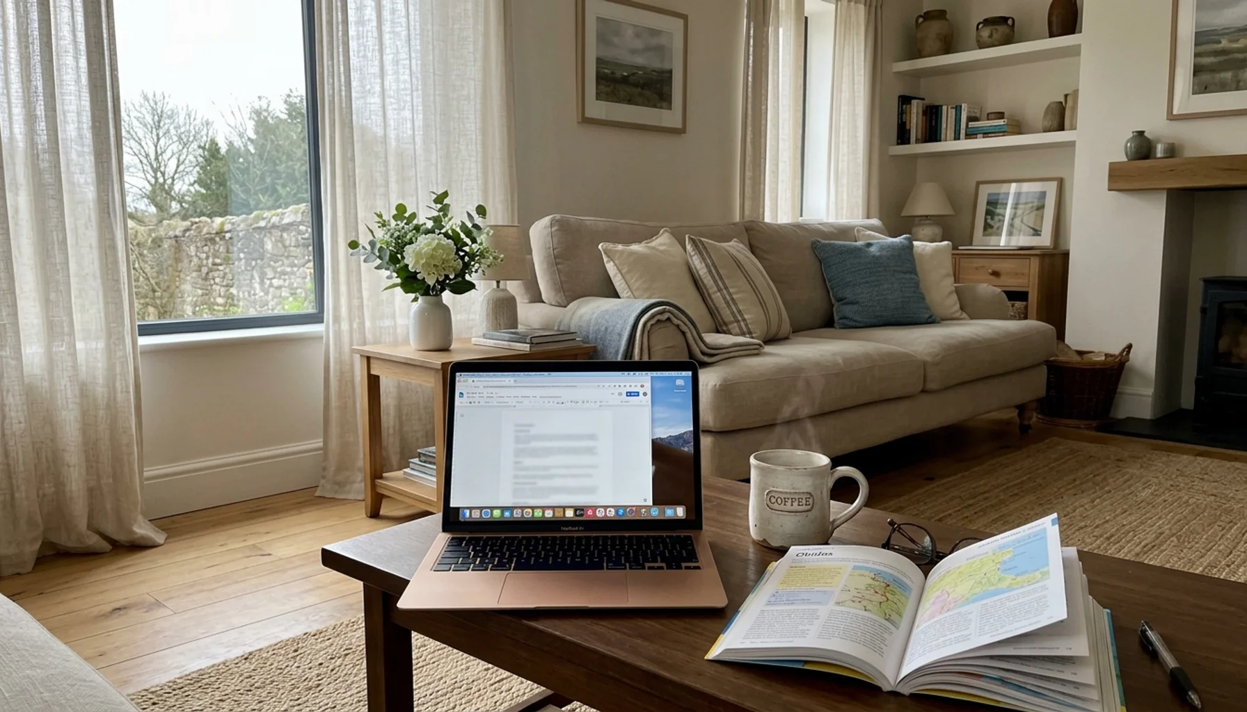 Cozy vacation rental living room with open laptop and steaming coffee mug: how to create a direct booking website
