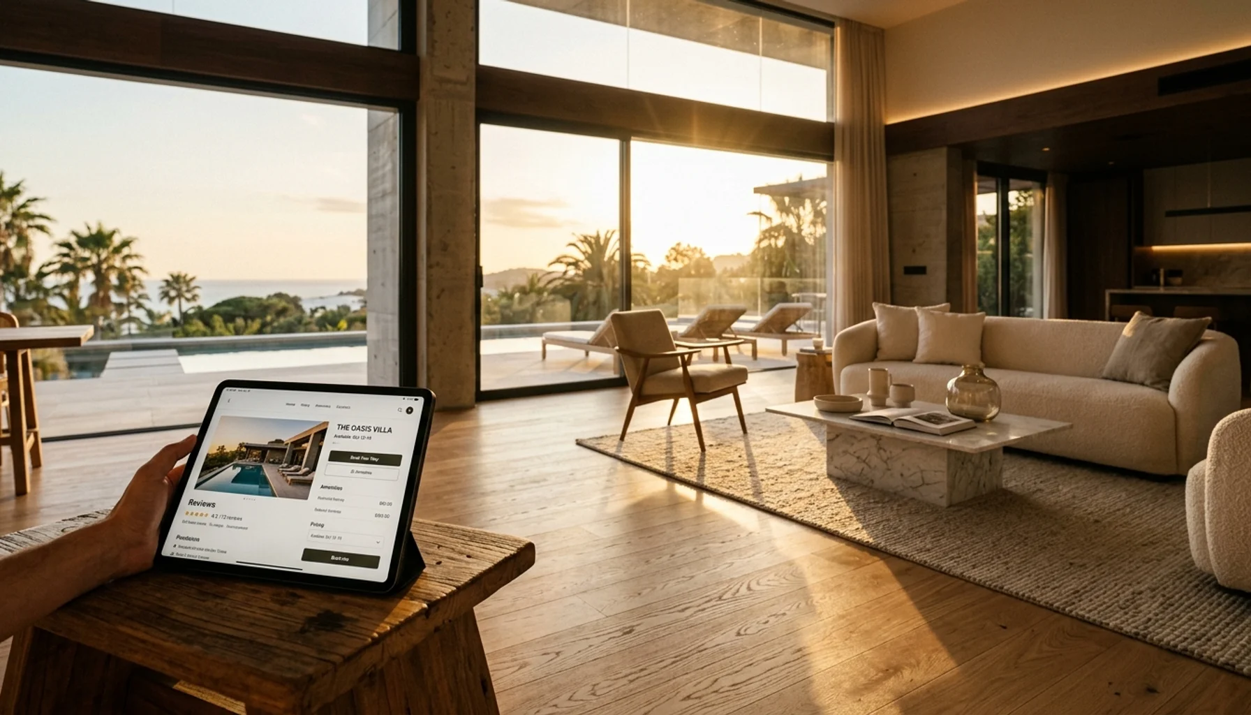 Modern rental property interior with golden hour lighting, representing how to create a direct booking website for vacation rentals