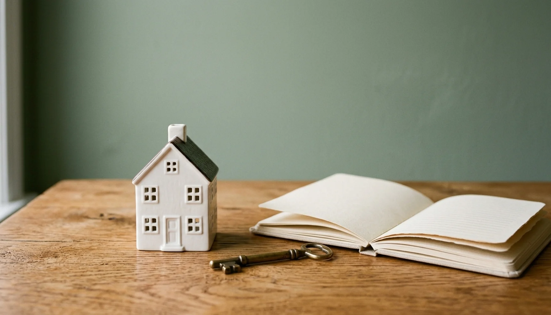 Brass key and ceramic house model on oak desk: visual concept for how to get more direct bookings on Airbnb