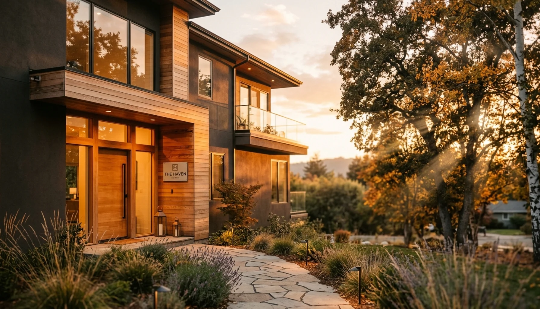 Modern luxury STR property at golden hour showcasing Maverick STR's short-term rental management services