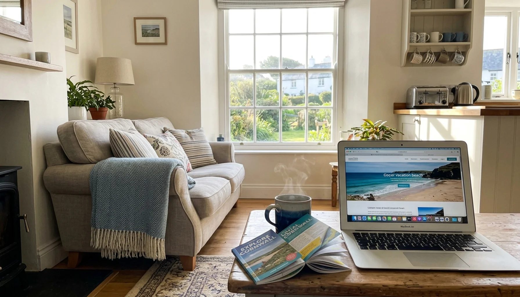 Bright vacation rental living room interior with open laptop and steaming mug, ideal for a rental booking website