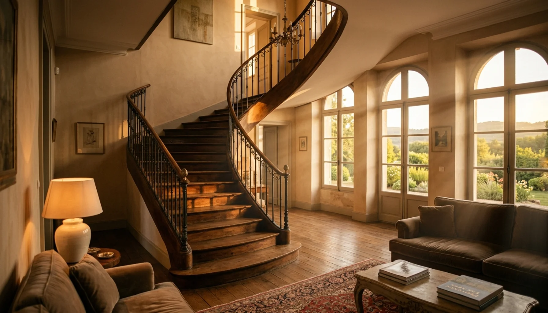 Luxurious vacation rental interior with golden hour lighting, perfect for SEO optimization and booking visibility