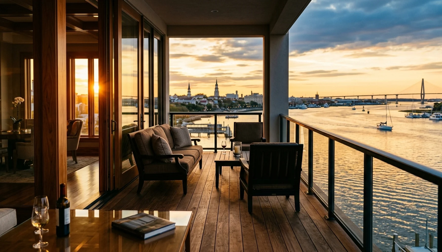 Luxury vacation rental property balcony with Charleston harbor view at sunset, representing vacation rental website builders for hosts