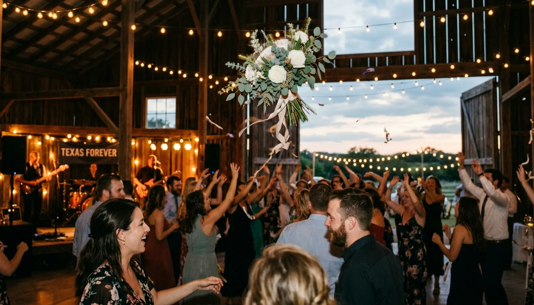 Bouquet toss songs for a Texas wedding fill the dance floor as flowers soar mid-air at an Austin venue