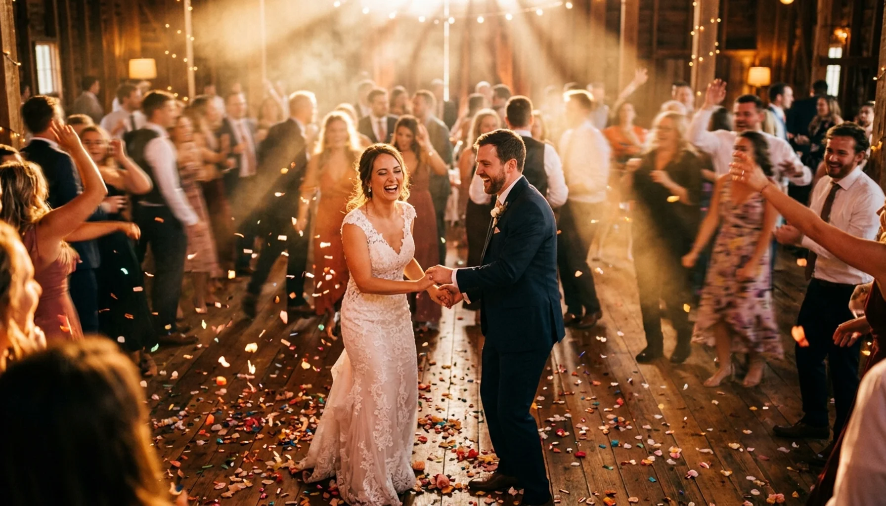 Golden hour wedding dance floor with confetti and bouquet toss songs creating dynamic guest movement