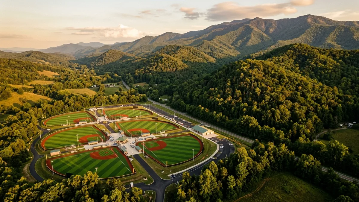 Cal Ripken Baseball Field complex aerial view in Tennessee mountains