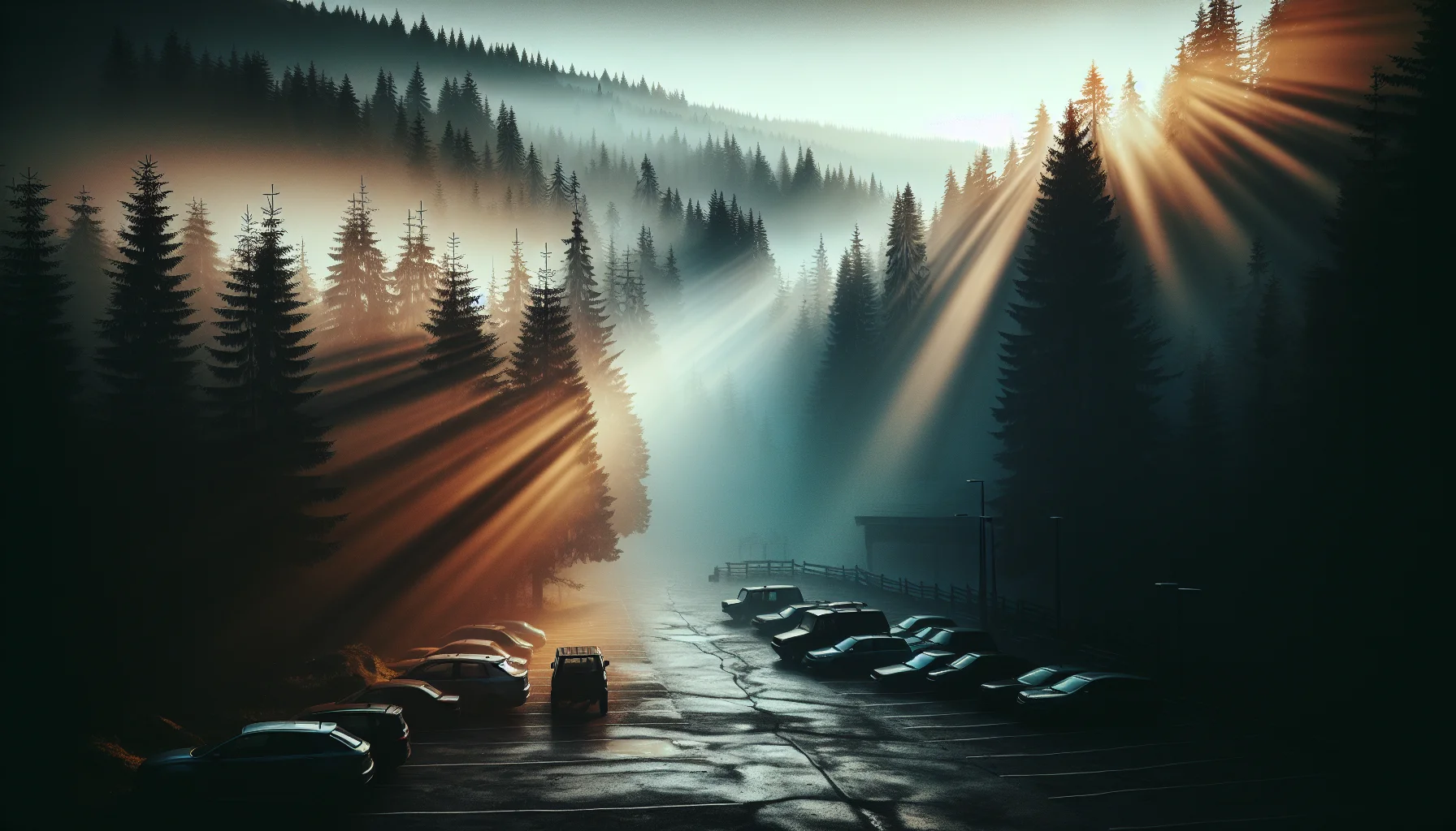Early morning mist at Alum Cave Trail trailhead parking lot with golden sunrise light filtering through Great Smoky Mountains forest.