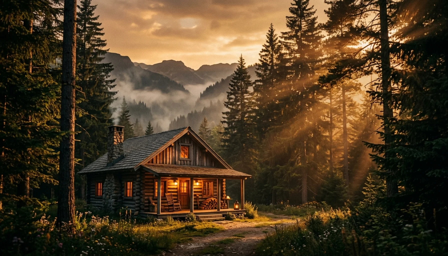 Rustic cabin surrounded by pine trees near Cal Ripken Baseball Field in Sevierville, TN mountains at sunset