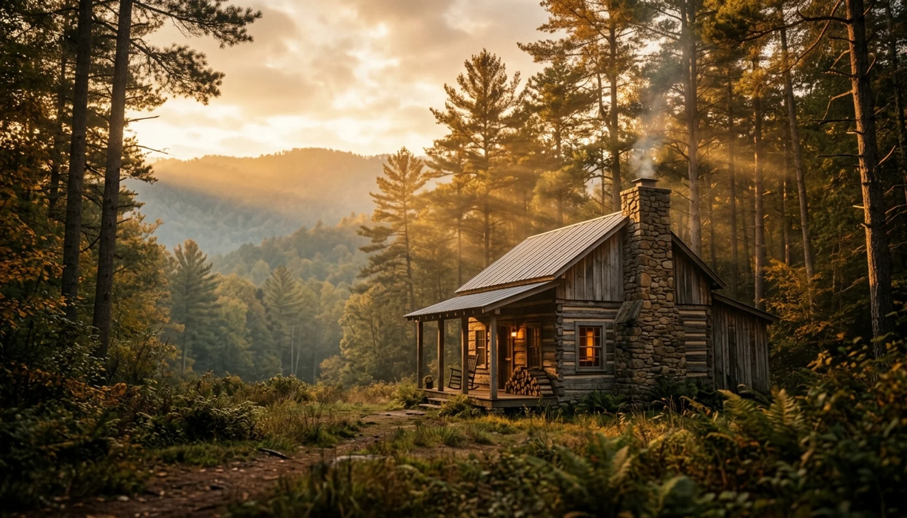 Gatlinburg cabin nestled in Smoky Mountains forest at golden hour with warm lighting and misty atmosphere
