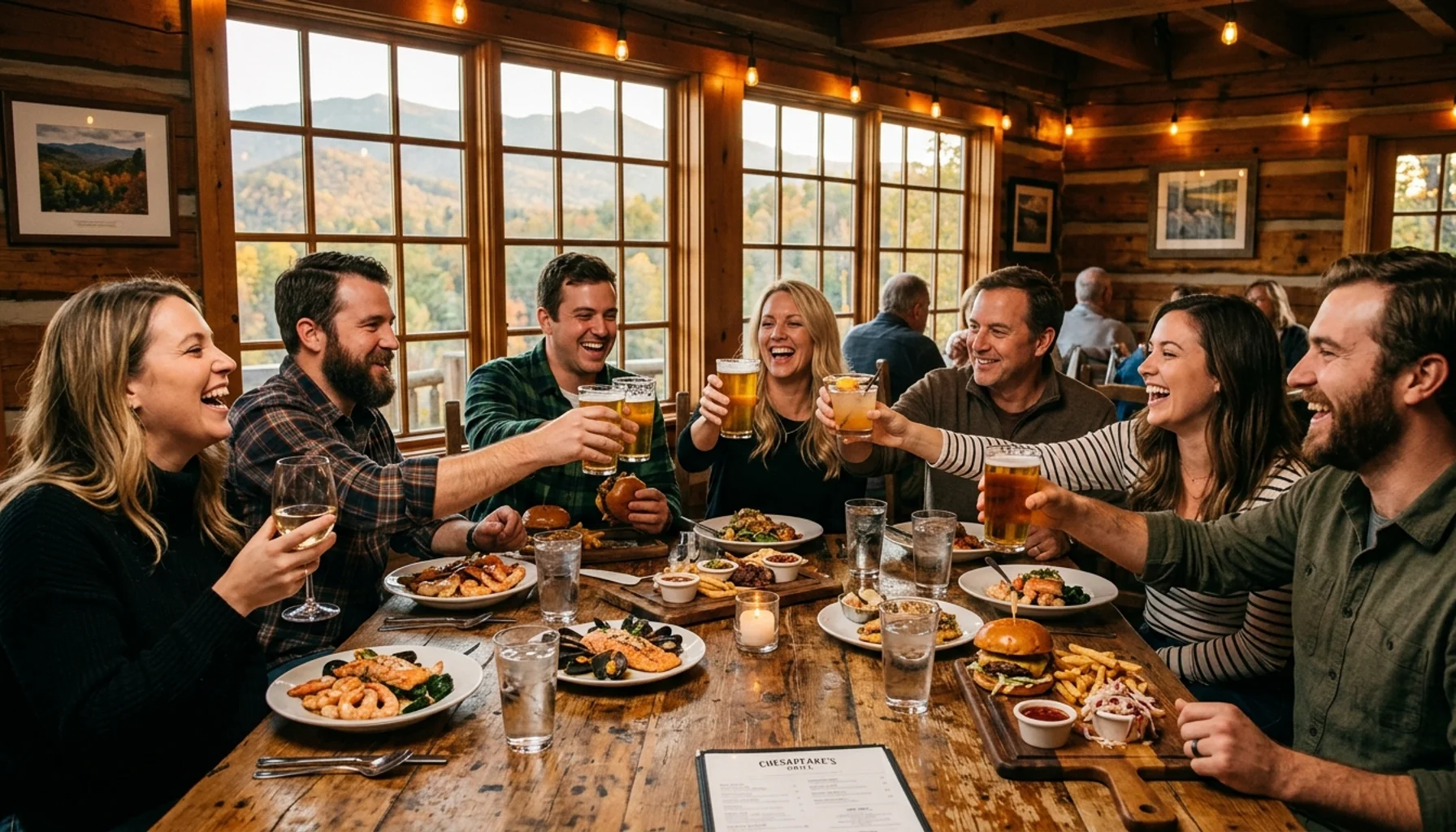 Friends dining together at a Gatlinburg restaurant, enjoying seafood and burgers with warm lighting and cozy ambiance