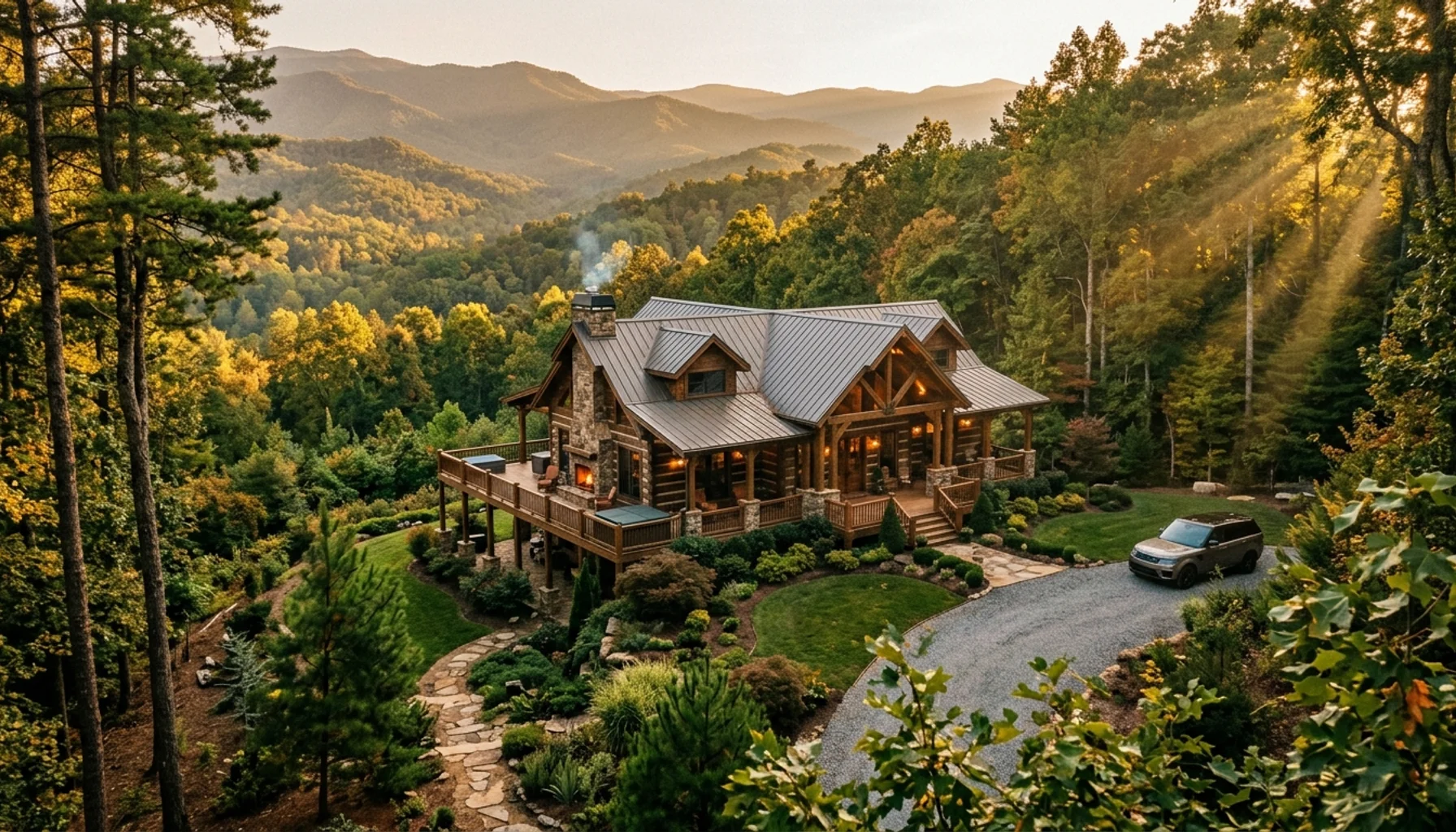 Luxury Gatlinburg mountain cabin property with professional property management services showcased in golden hour lighting