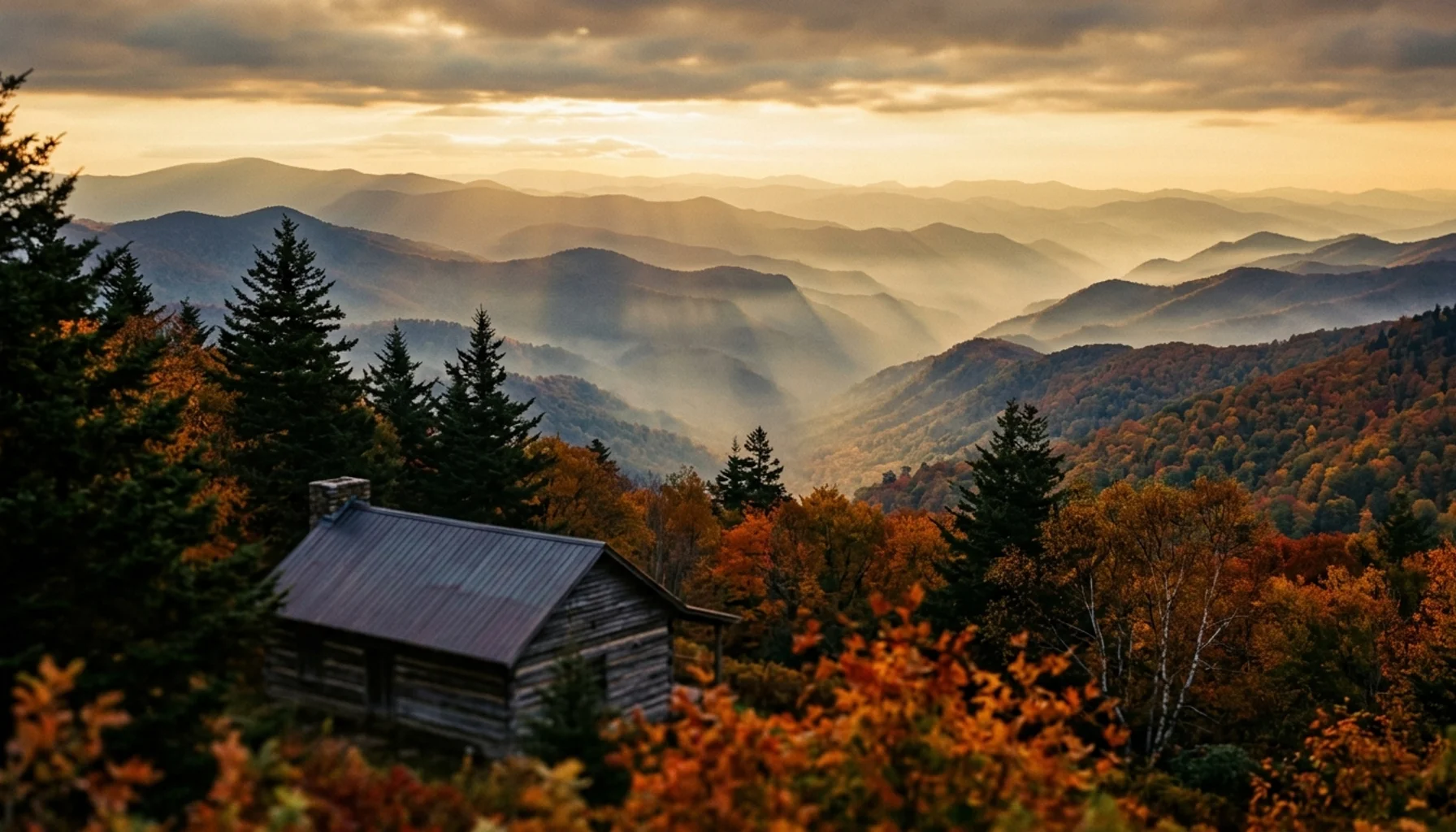 Gatlinburg TN mountain landscape with fall foliage, misty peaks, and cabin nestled in autumn forest scenery.